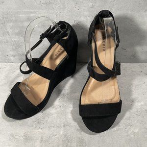 Torrid Womens Sz 9.5 Black Open Toe Criss Cross Strappy Wedge High Heels Pumps